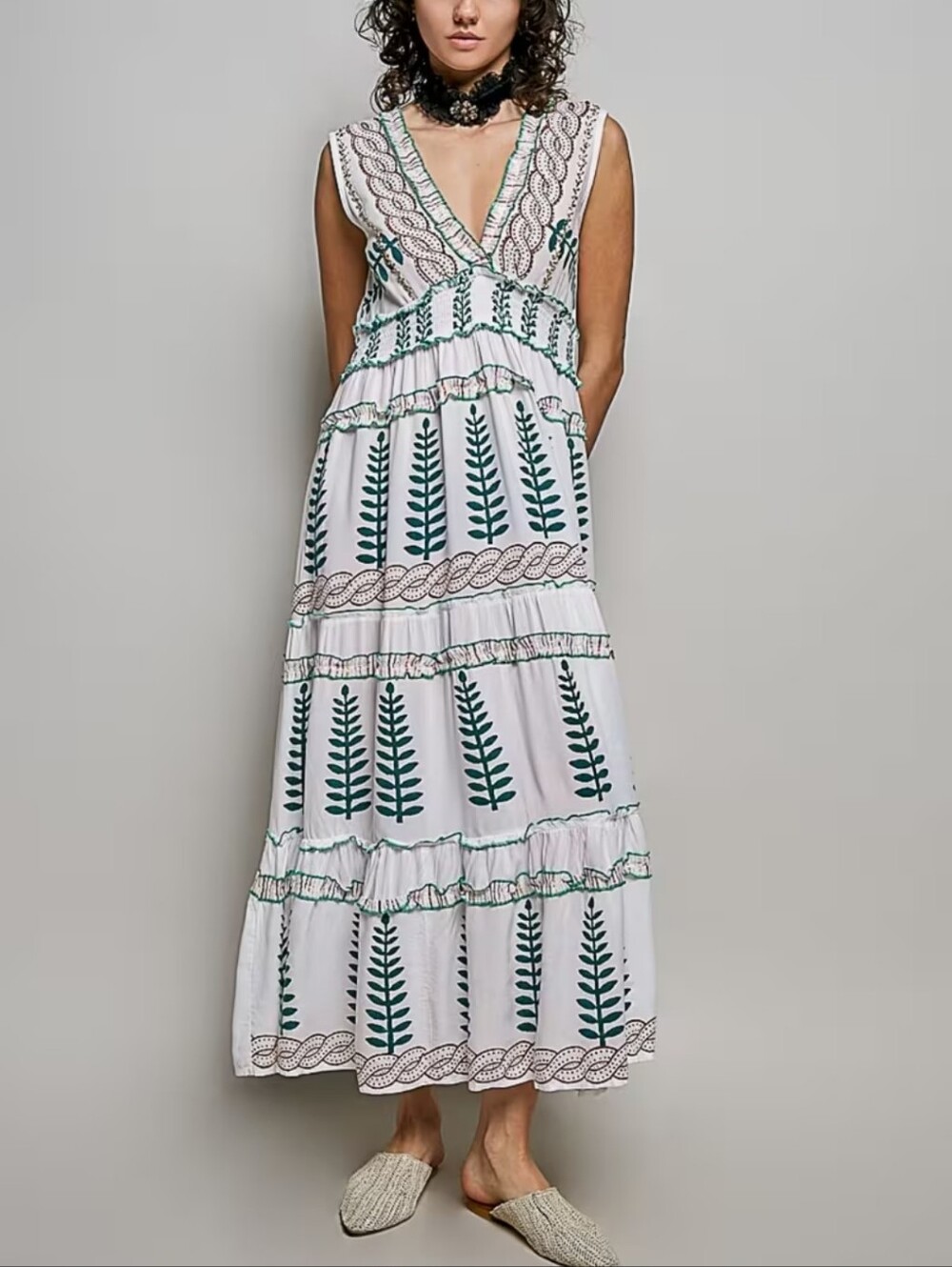328.POL Boho Sleeveless White Maxi Dress with Green Embroidered Print